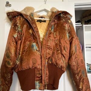 Gorgeous Bay Phat Embellished Bronze Satin Bomber Jacket with Faux Fur Hood